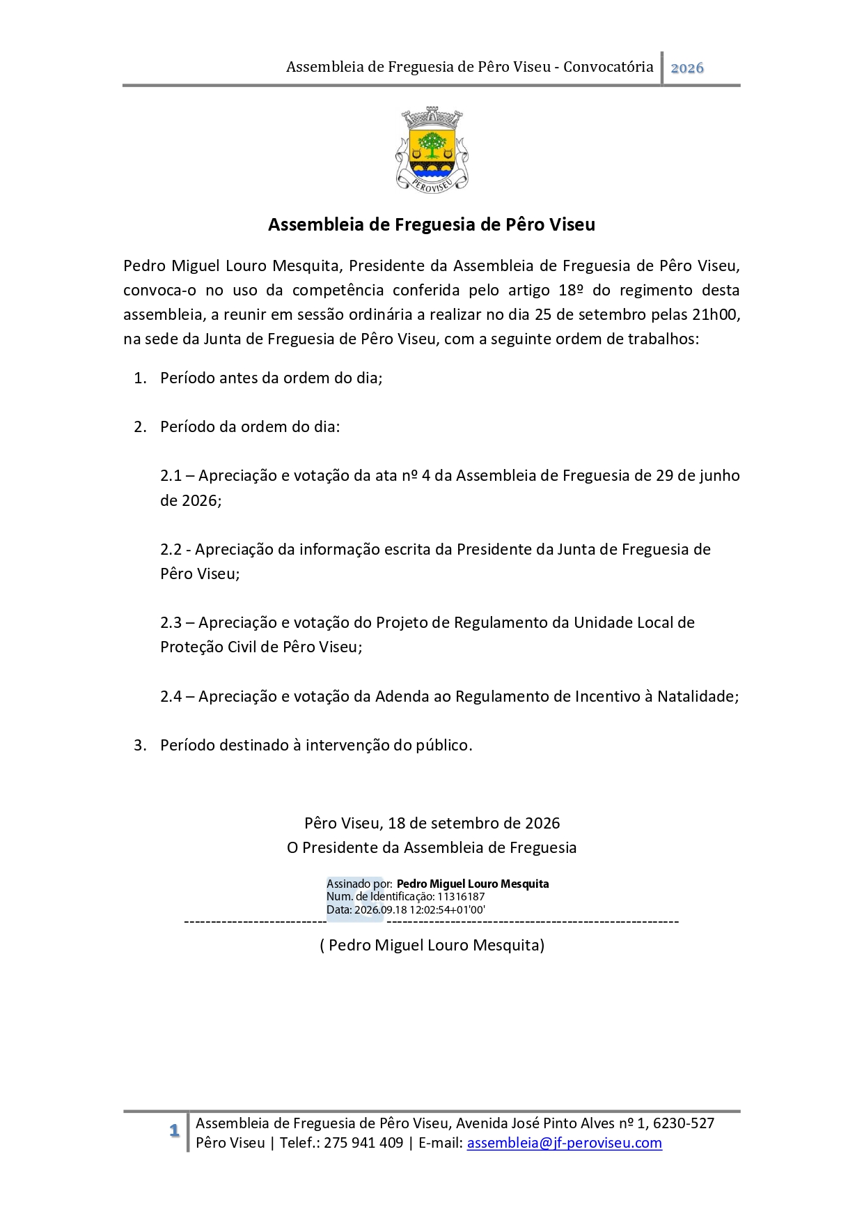 Sessão Ordinária da Assembleia de Freguesia | 25-09-2026